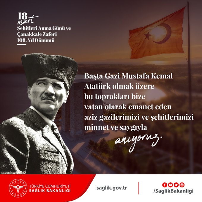 18 Mart Şehitleri Anma Günü ve Çanakkale Zaferi'nin 108. yıl dönümünde, başta Gazi Mustafa Kemal Atatürk olmak üzere bu toprakları bize vatan olarak emanet eden aziz gazilerimizi ve şehitlerimizi minnet ve saygıyla anıyoruz. 
